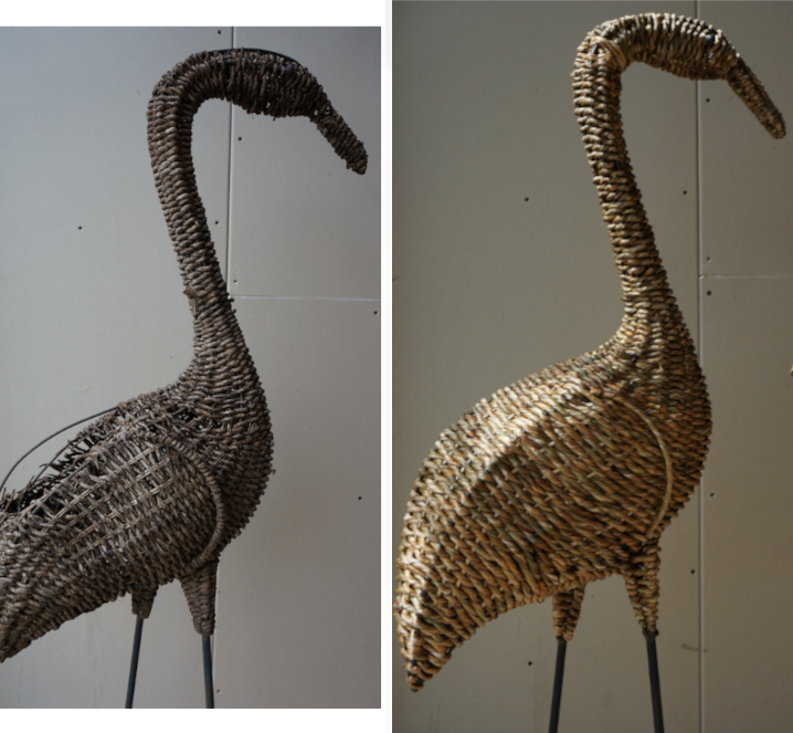 Détail réparation sculpture oiseau en feuille de massettes - Les Liens Naturels - Atelier de Vannerie - Audrey Alvarez - Ladeuze - Belgique